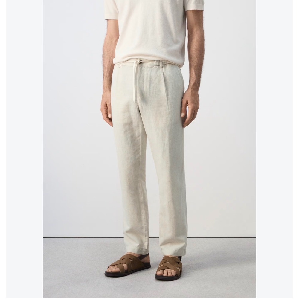 Tasso Elba Mens Linen Drawstring Pants Beige Oatmeal Casual Beach Trousers 34/30